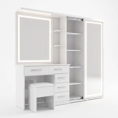 2-in-1 LED Makeup Vanity Table with Wardrobe Combo, Bedroom Dressing Table with Storage Drawers