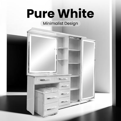 2-in-1 LED Makeup Vanity Table with Wardrobe Combo, Bedroom Dressing Table with Storage Drawers