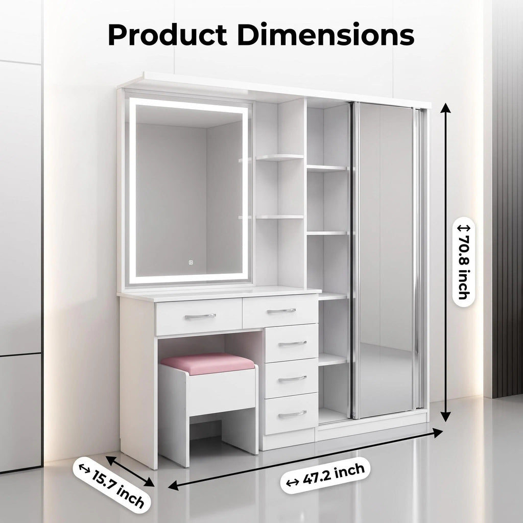 2-in-1 LED Makeup Vanity Table with Wardrobe Combo, Bedroom Dressing Table with Storage Drawers