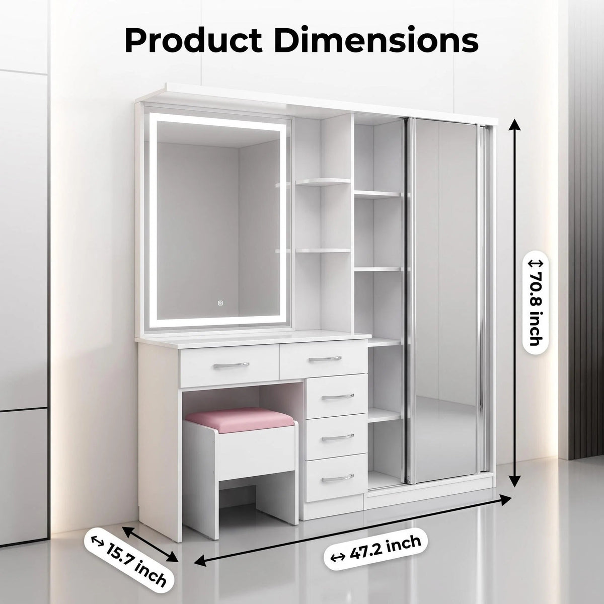2-in-1 LED Makeup Vanity Table with Wardrobe Combo, Bedroom Dressing Table with Storage Drawers