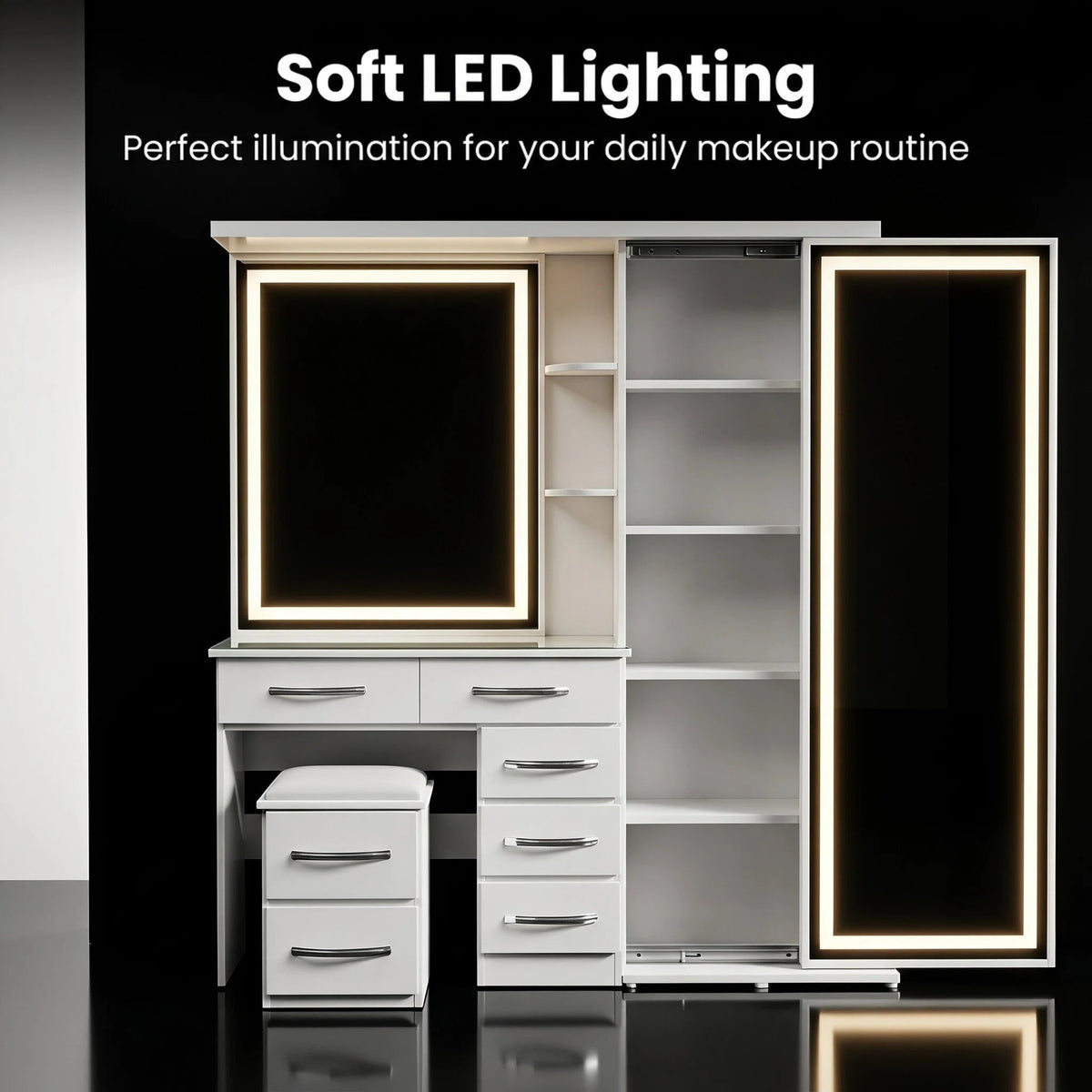 2-in-1 LED Makeup Vanity Table with Wardrobe Combo, Bedroom Dressing Table with Storage Drawers