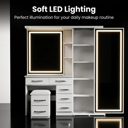2-in-1 LED Makeup Vanity Table with Wardrobe Combo, Bedroom Dressing Table with Storage Drawers