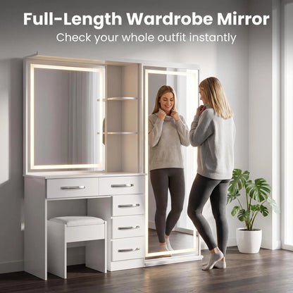 2-in-1 LED Makeup Vanity Table with Wardrobe Combo, Bedroom Dressing Table with Storage Drawers