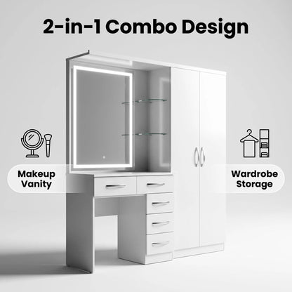 2-in-1 LED Makeup Vanity Table with Wardrobe Combo, Bedroom Dressing Table with Storage Drawers