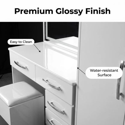 2-in-1 LED Makeup Vanity Table with Wardrobe Combo, Bedroom Dressing Table with Storage Drawers