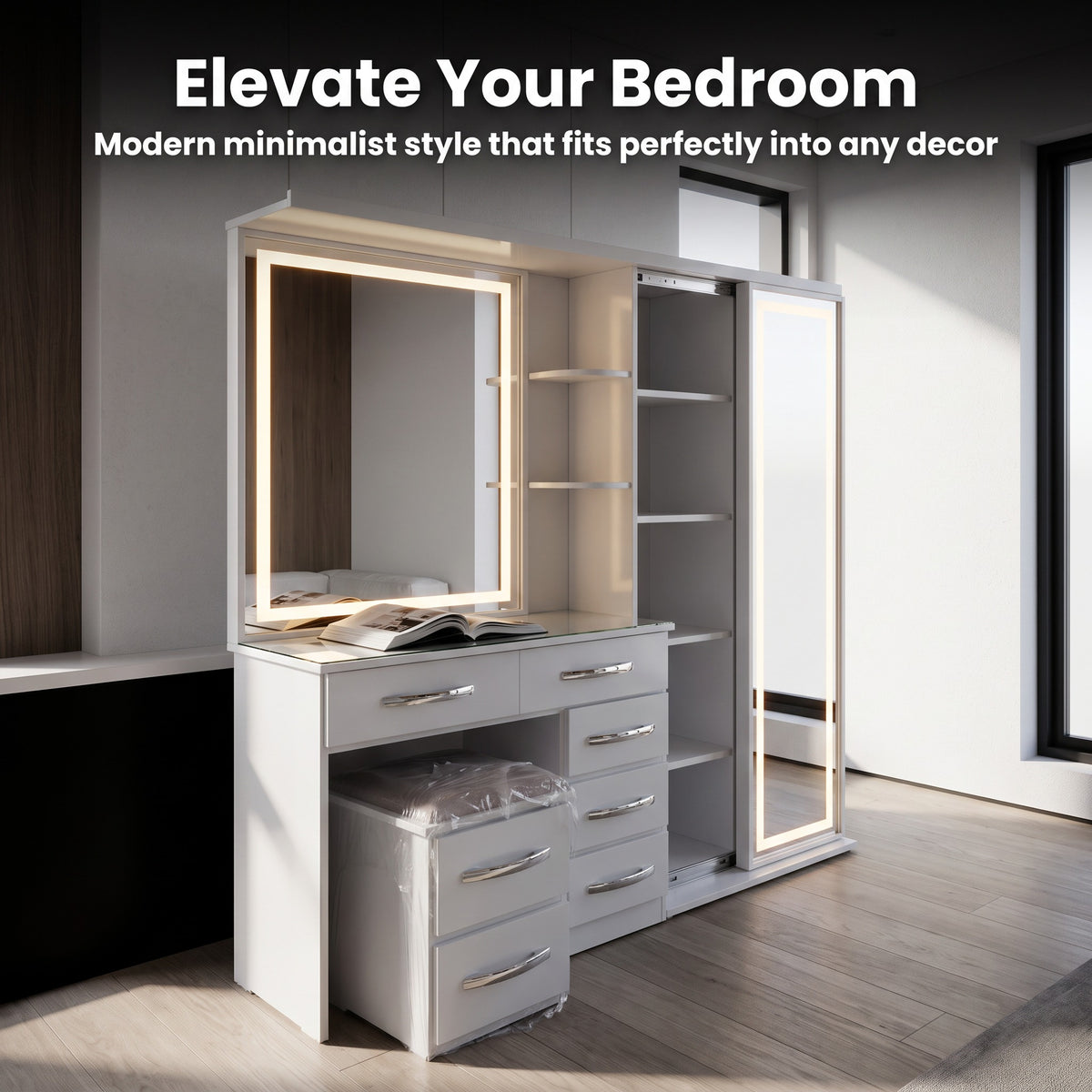 2-in-1 LED Makeup Vanity Table with Wardrobe Combo, Bedroom Dressing Table with Storage Drawers