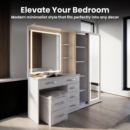 2-in-1 LED Makeup Vanity Table with Wardrobe Combo, Bedroom Dressing Table with Storage Drawers