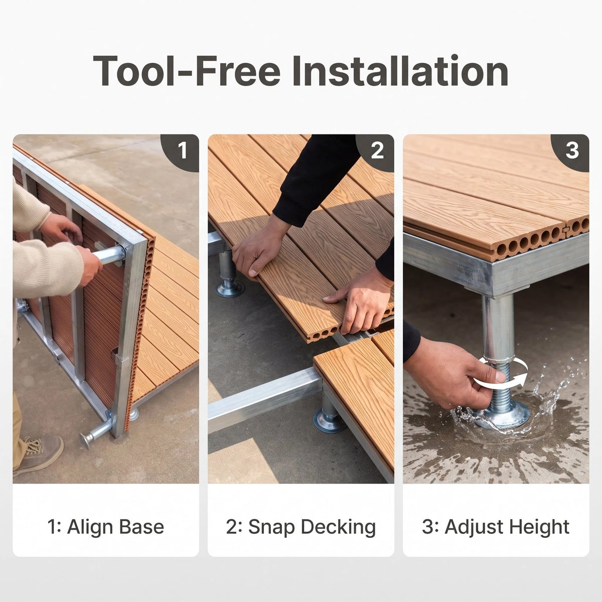 Adjustable Pedestal WPC Deck Tiles Raised Outdoor Composite Wood Deck Panels